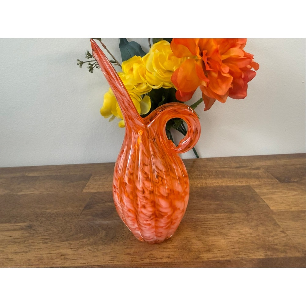 Vintage Orange Swung Art Glass Ewer Loop Handle Vase Mid Century Modern Decor